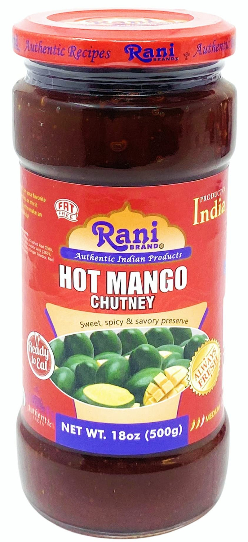 Rani Hot Mango Chutney (Spicy Indian Preserve) 18oz (1.1lbs) 500g Glass Jar, Ready to eat, Vegan ~ Gluten Free, All Natural, NON-GMO