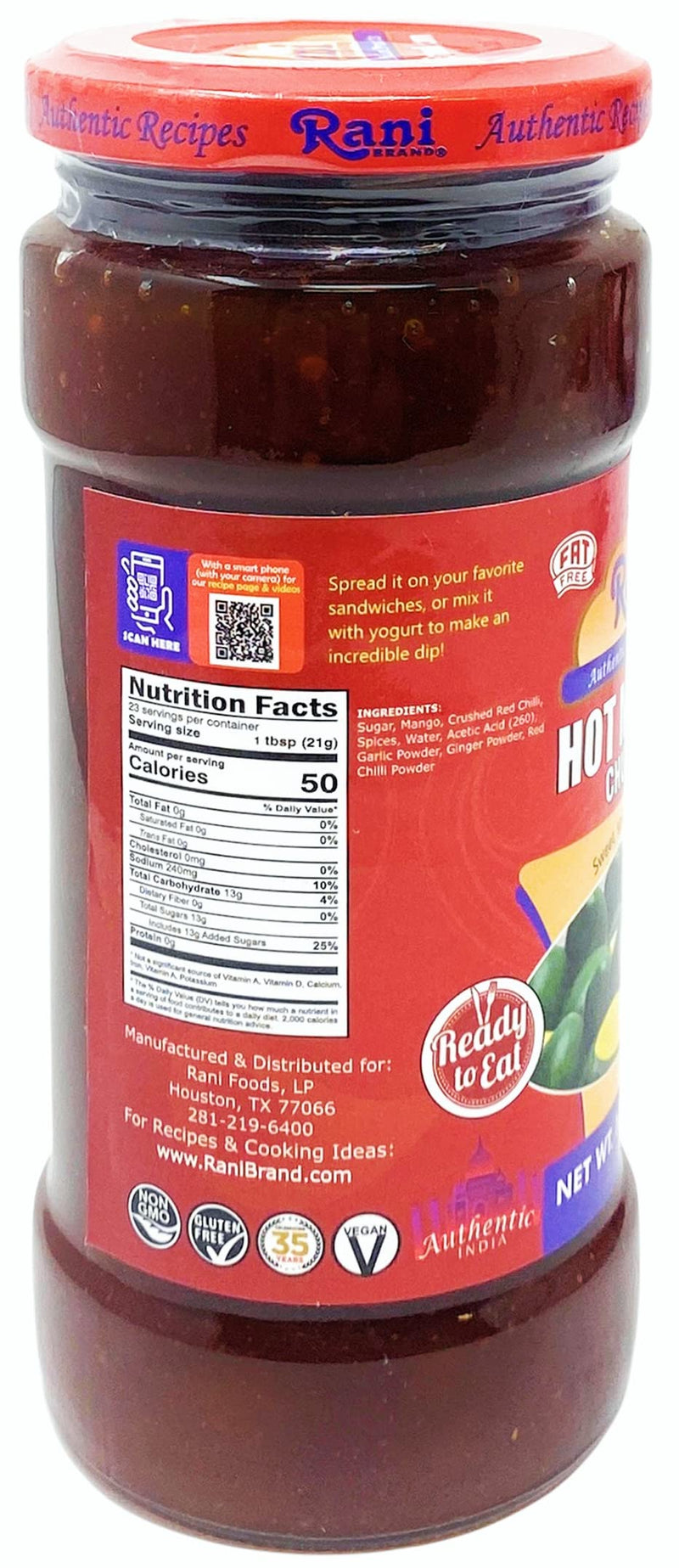 Rani Hot Mango Chutney (Spicy Indian Preserve) 18oz (1.1lbs) 500g Glass Jar, Ready to eat, Vegan, Pack of 5+1 FREE ~ Gluten Free, All Natural, NON-GMO