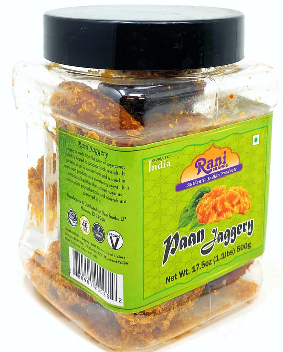 Rani Pan Jaggery (Gur) Indian Unrefined Raw Cane Sugar 17.5oz (1.1lbs) 500g PET Jar ~ Gluten Friendly | Vegan | NON-GMO | No Salt or fillers