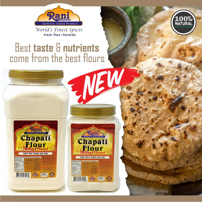 Rani Chapati Flour (100% Pure Whole Wheat Atta), For Making Roti & Indian Breads 96oz (6lbs) 2.72kg PET Jar ~ All Natural | Vegan