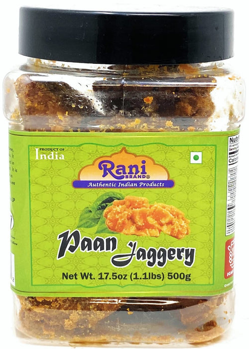 Rani Pan Jaggery (Gur) Indian Unrefined Raw Cane Sugar 17.5oz (1.1lbs) 500g PET Jar ~ Gluten Friendly | Vegan | NON-GMO | No Salt or fillers