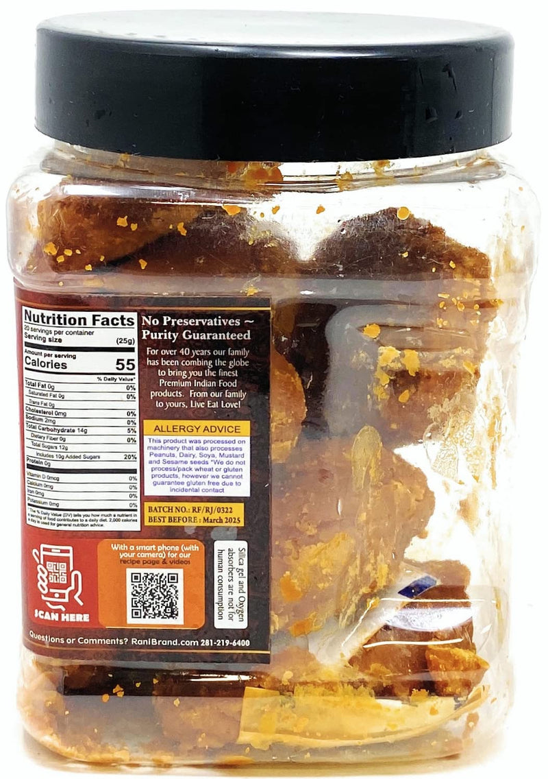 Rani Rose Jaggery (Gur) Indian Unrefined Raw Cane Sugar 17.5oz (1.1lbs) 500g PET Jar ~ Gluten Friendly | Vegan | NON-GMO | No Salt or fillers
