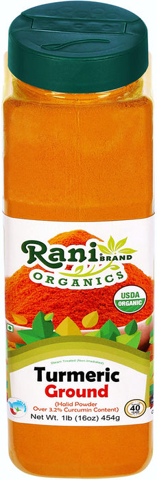 Rani Organic Turmeric (Haldi) Root Powder Spice, (High Curcumin Content) 16oz (1lb) 454g PET Jar ~ All Natural | USDA Certified Organic