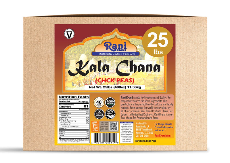 Rani Kala Chana (Desi Chickpeas Chana with skin) 400oz (25lbs) 11.36kg Bulk Box ~ All Natural | Gluten Friendly | NON-GMO | Vegan | Indian Origin