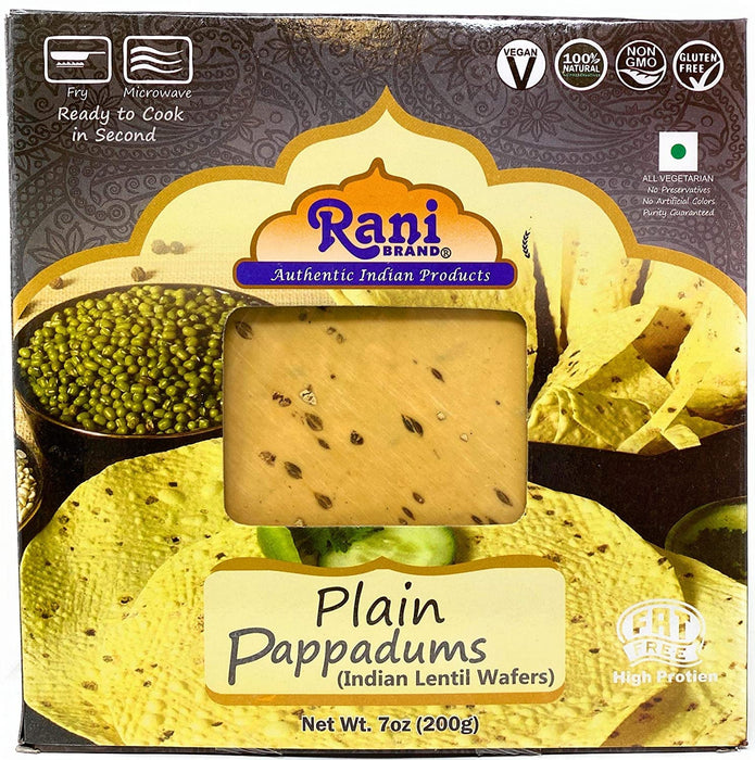 Rani Pappadums (Indian Lentil Wafer Snack) Plain Papad 7oz (200g) Approximately 15pc, 7 inches ~ All Natural | Gluten Friendly | NON-GMO | Vegan | Indian Origin