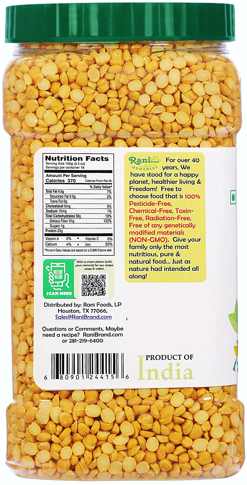 Rani Organic Chana Dal (Split Desi Chickpeas without skin) 64oz (4lbs) 1.81kg Bulk PET Jar ~ All Natural | Vegan | Gluten Friendly | NON-GMO