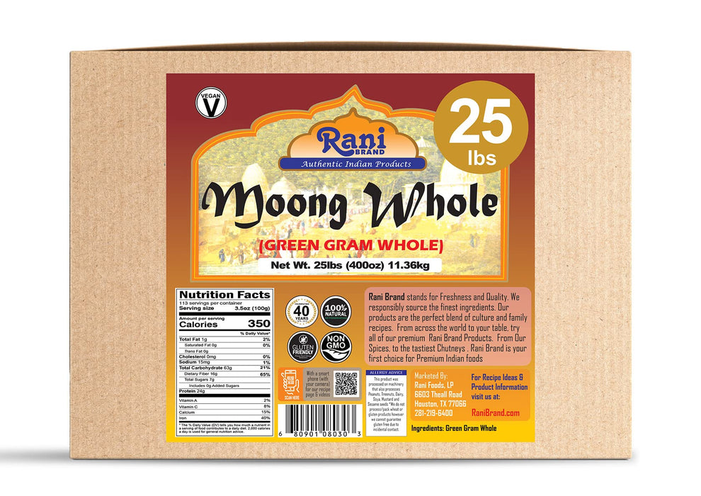 Rani Moong Whole (Ideal for cooking & sprouting, Whole Mung Beans with skin) Lentils Indian 400oz (25lbs) 11.36kg Bulk Box ~ All Natural | Gluten Friendly | Non-GMO | Vegan | Indian Origin