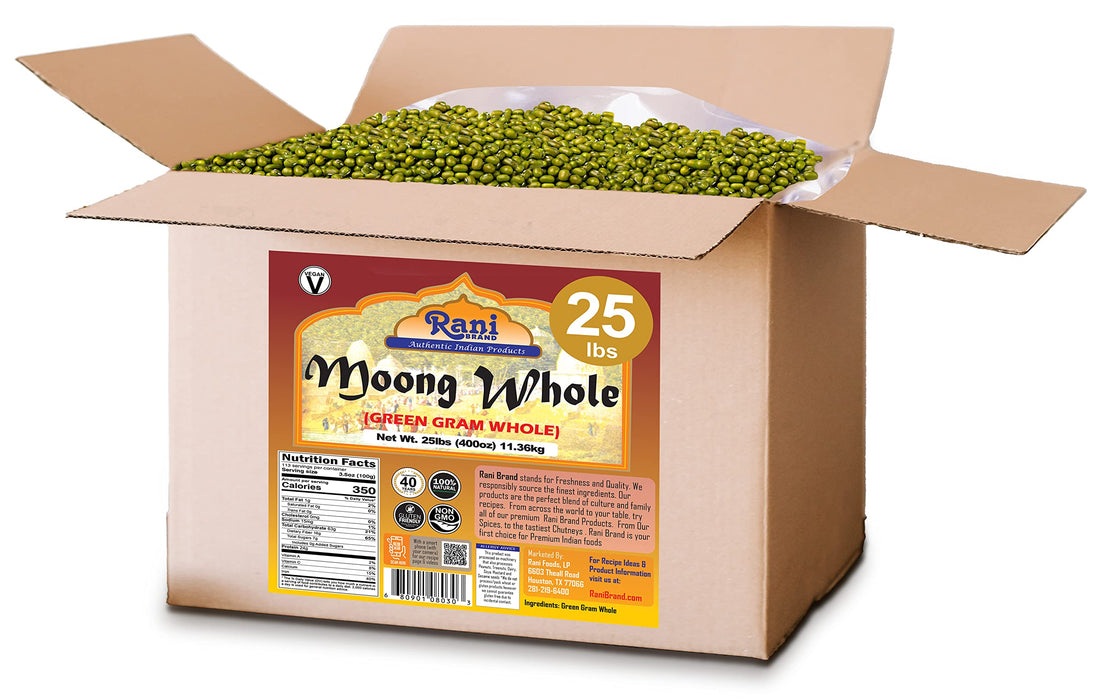 Rani Moong Whole (Ideal for cooking & sprouting, Whole Mung Beans with skin) Lentils Indian 400oz (25lbs) 11.36kg Bulk Box ~ All Natural | Gluten Friendly | Non-GMO | Vegan | Indian Origin