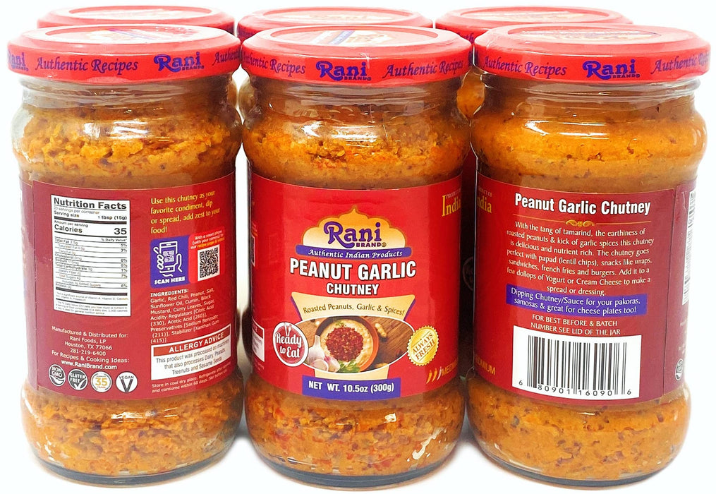 Rani Peanut Garlic Chutney 10.5oz (300g) Glass Jar, Ready to Eat, Pack of 5+1 FREE ~ Vegan | Gluten Free | NON-GMO | No Colors | Indian Origin