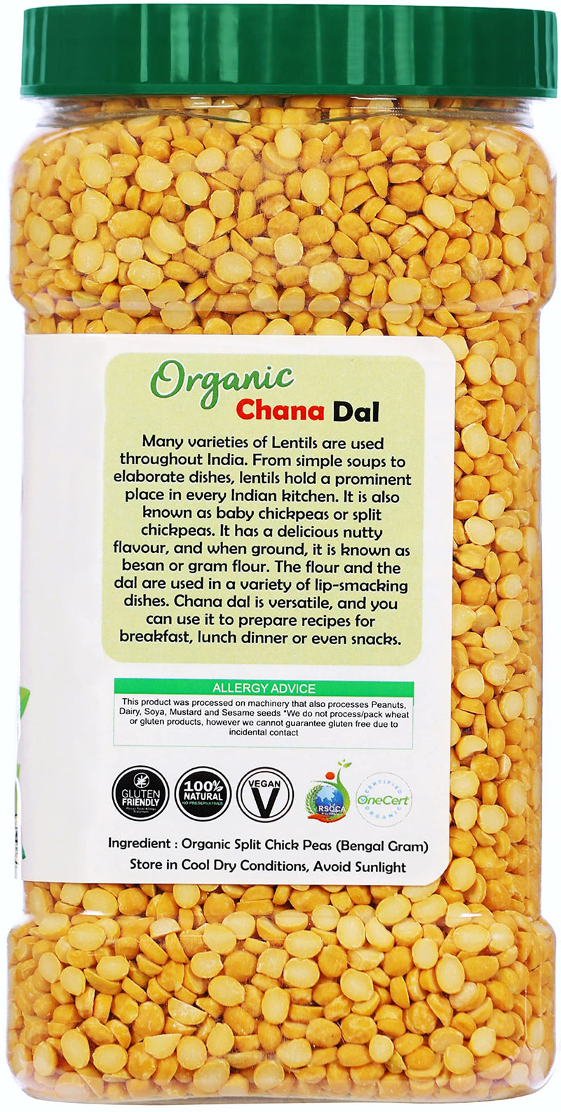 Rani Organic Chana Dal (Split Desi Chickpeas without skin) 64oz (4lbs) 1.81kg Bulk PET Jar ~ All Natural | Vegan | Gluten Friendly | NON-GMO