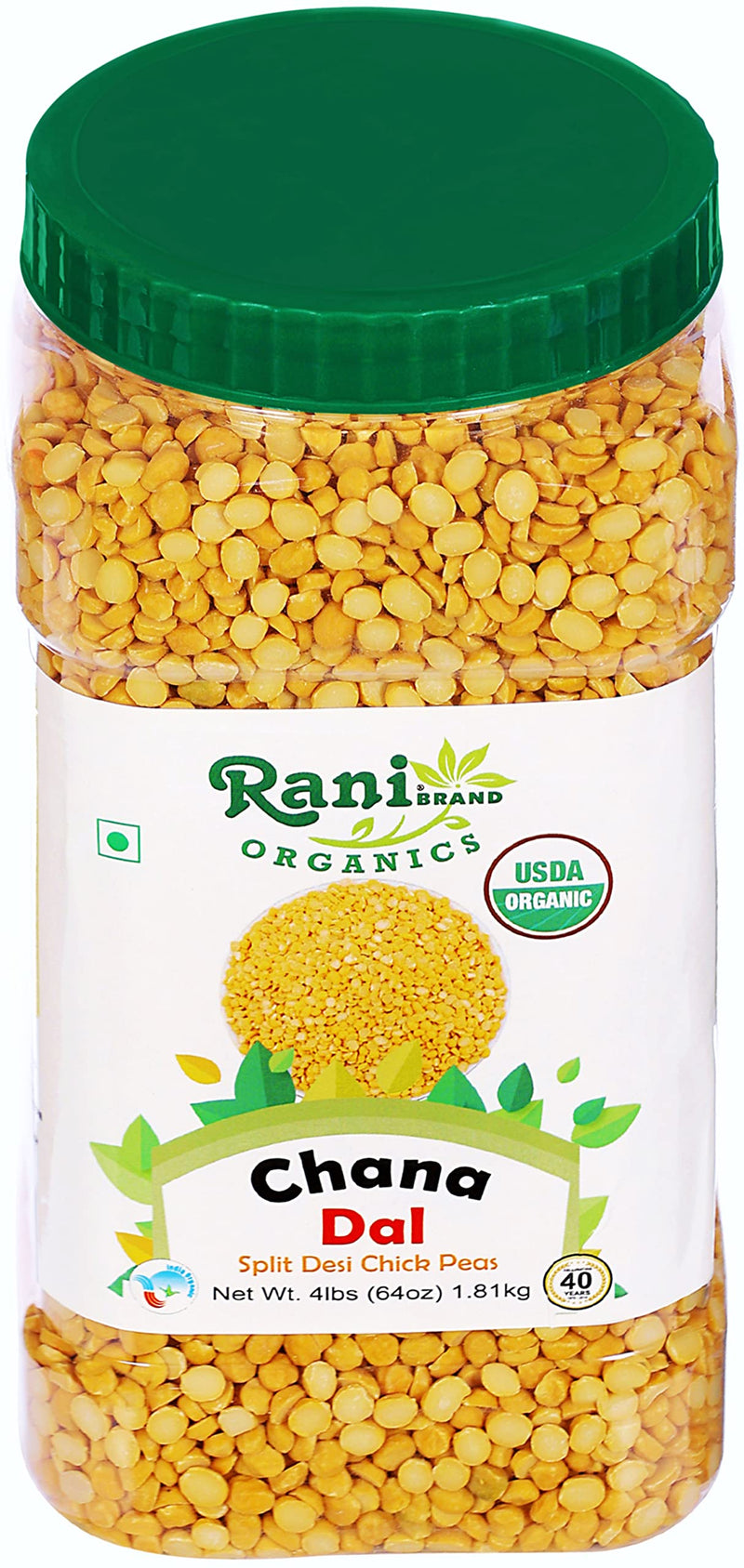 Rani Organic Chana Dal (Split Desi Chickpeas without skin) 64oz (4lbs) 1.81kg Bulk PET Jar ~ All Natural | Vegan | Gluten Friendly | NON-GMO