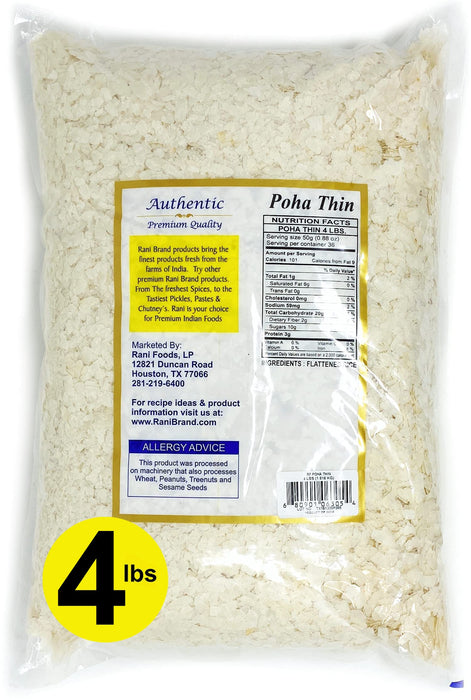 Rani Poha (Powa) Thin Cut (Flattened Rice) 64oz (4lbs) 1.81kg Bulk ~ All Natural, Salt-Free | Vegan | No Colors | Gluten Friendly | Indian Origin