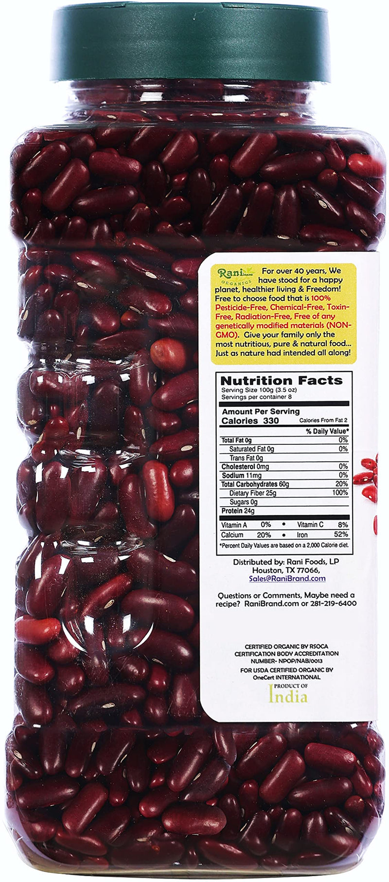 Rani Organic Red Kidney Beans (Rajmah Beans) Light 28oz (800g) PET Jar ~ All Natural | Vegan | Gluten Friendly | NON-GMO | Indian Origin
