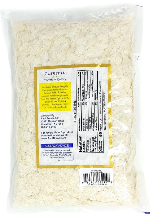 Rani Poha (Powa) Thin Cut (Flattened Rice) 14oz (400g) ~ All Natural, Salt-Free | Vegan | No Colors | Gluten Friendly | Indian Origin