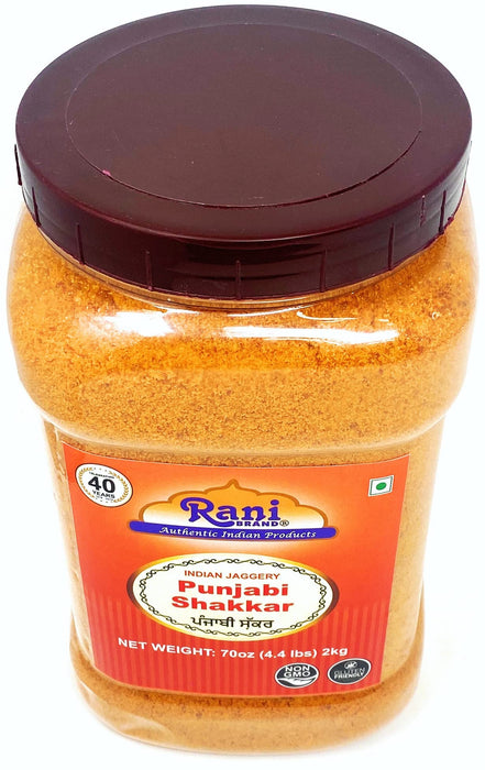 Rani Punjabi Shakkar (Gur Jaggery Powder) Indian Unrefined Raw Cane Sugar 70oz (4.4lbs) 2kg PET Jar ~ Gluten Friendly | Vegan | NON-GMO | No Salt or fillers | Indian Product