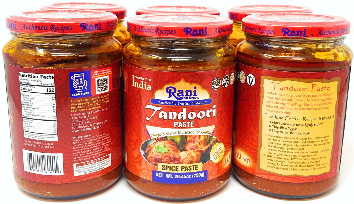 Rani Tandoori Paste (No Colors) 26.5oz (750g) Glass Jar, Pack of 5+1 FREE ~ For Tandoori Chicken, Chicken Tikka, Paneer Tikka | All Natural | NON-GMO | Vegan | Gluten Free | Indian Origin