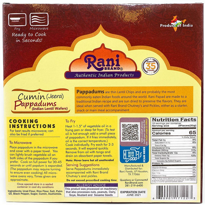 Rani Pappadums (Indian Lentil Wafer Snack) Jeera (Cumin) Papad 7oz (200g) Approximately 15pc, 7 inches, Pack of 2 ~ All Natural | Gluten Friendly