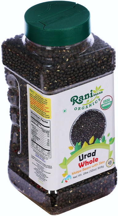 Rani Organic Urid/Urad Whole Black Indian Lentils 32oz (2lbs) 908g PET Jar ~ All Natural | Vegan | Gluten Friendly | NON-GMO | Indian Origin