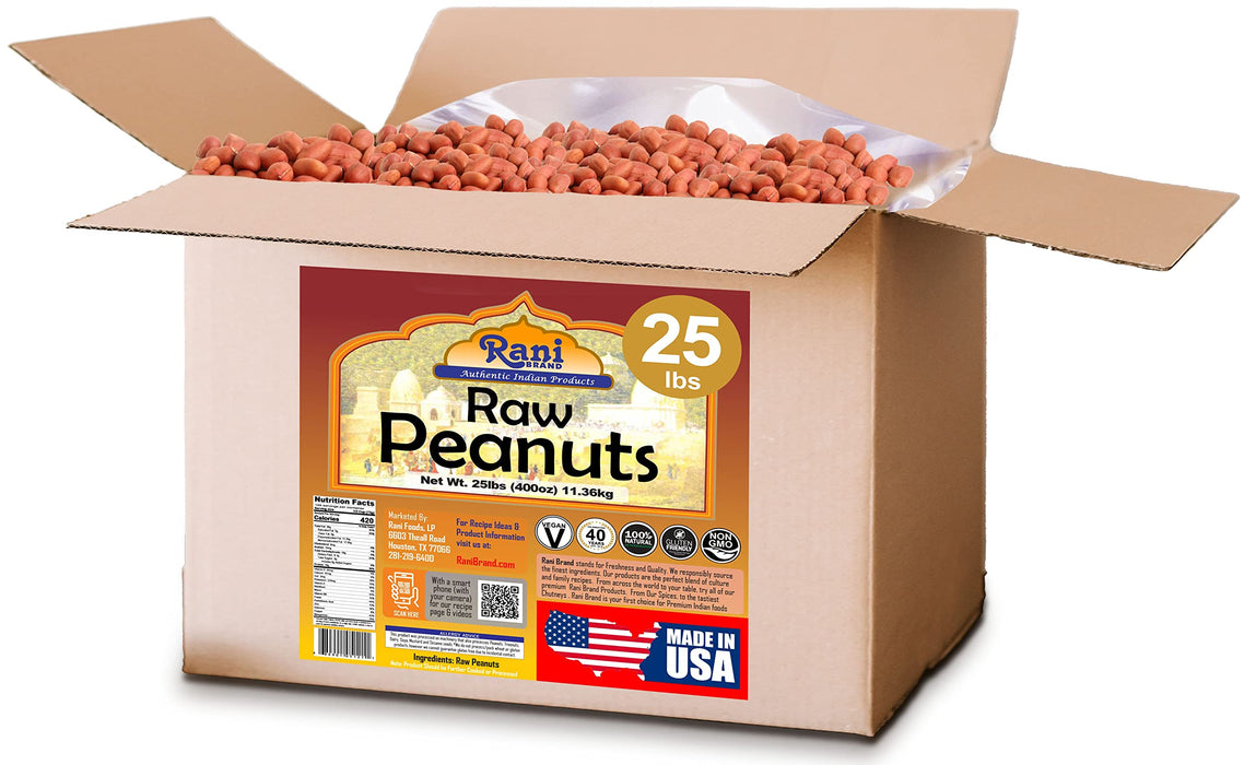 Rani Peanuts, Raw Whole With Skin (uncooked, unsalted) 25lbs (400oz) 11.36kg Bulk Box ~ All Natural | Vegan | Gluten Friendly | Fresh Product of USA ~ Spanish Grade Groundnut / Red-skin