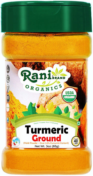 Rani Organic Turmeric (Haldi) Root Powder Spice, (High Curcumin Content) 3oz (85g) PET Jar ~ All Natural | Indian Origin | USDA Certified Organic