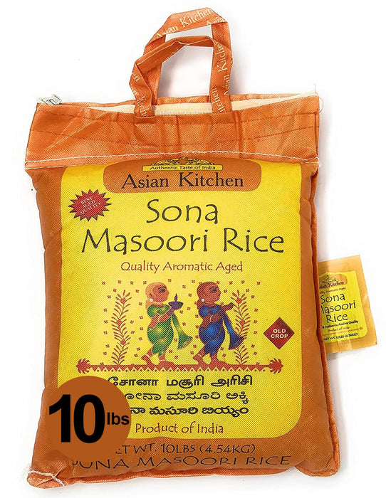 Asian Kitchen White Sona Masoori Aged Rice 10lbs (4.54kg) Short Grain Rice ~ All Natural | Gluten Friendly | Vegan | Indian Origin | Export Quality