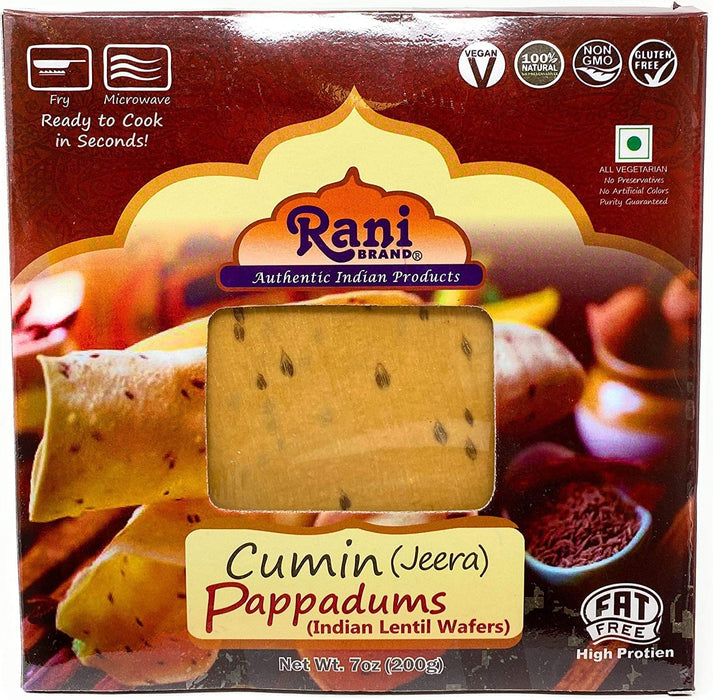 Rani Pappadums (Indian Lentil Wafer Snack) Jeera (Cumin) Papad 7oz (200g) Approximately 15pc, 7 inches, Pack of 12 ~ All Natural | Gluten Friendly