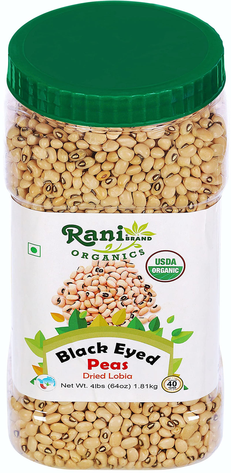 Rani Organic Black Eyed Peas (Dried Lobia) 64oz (4lbs) 1.81kg Bulk PET Jar ~ All Natural | Vegan | Gluten Friendly | NON-GMO| USDA Certified Organic