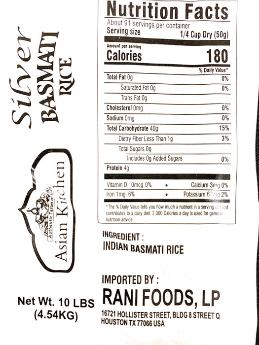 Asian Kitchen Silver White Basmati Rice Aged, 10 Pound (10lbs, 4.54kg) ~ All Natural | Gluten Friendly | Vegan | Indian Origin | Export Quality
