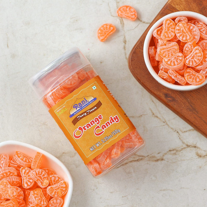 Rani Orange Candy 5.25oz (150g) Vacuum Sealed, Easy Open Top, Resealable Container ~ Indian Tasty Treats | Vegan | Gluten Friendly | NON-GMO | Indian Origin