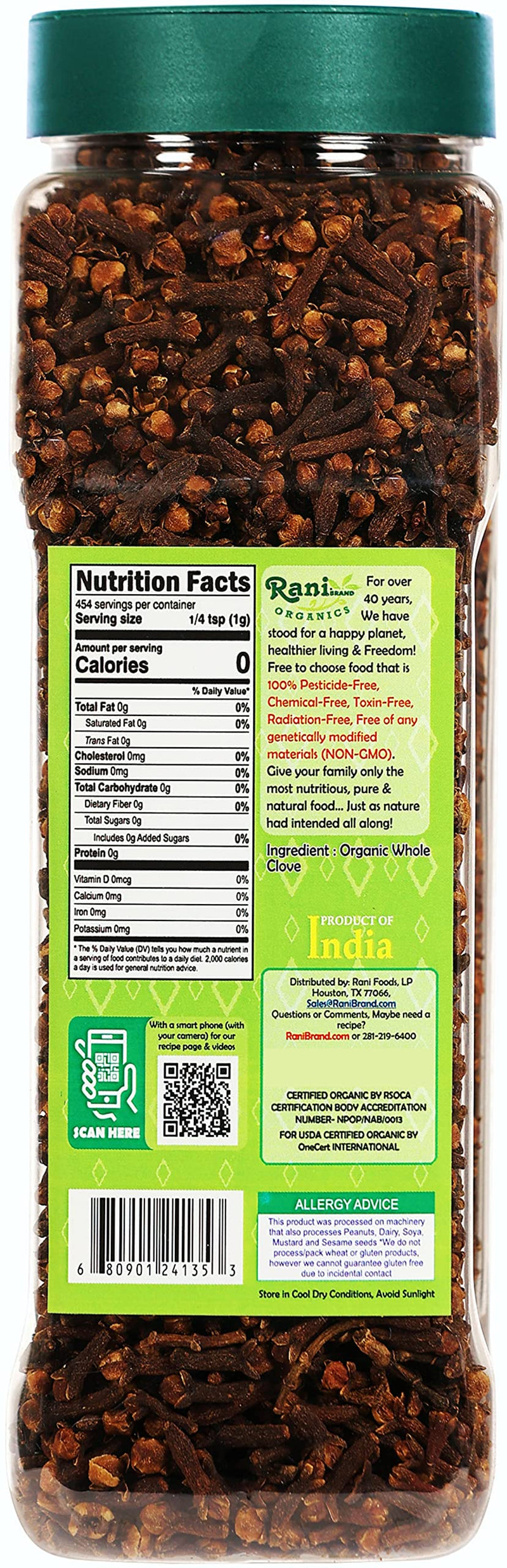 Rani Organic Cloves Whole (Laung Sabut) 12oz (340g) PET Jar, Great for Food, Tea, Pomander Balls and Potpourri ~ All Natural | USDA Certified Organic