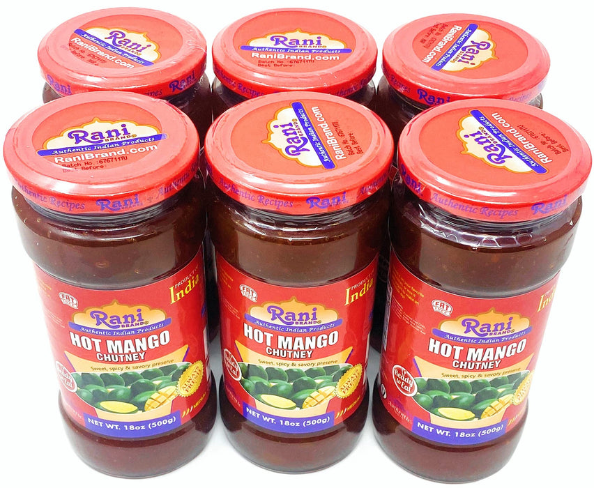 Rani Hot Mango Chutney (Spicy Indian Preserve) 18oz (1.1lbs) 500g Glass Jar, Ready to eat, Vegan, Pack of 5+1 FREE ~ Gluten Free, All Natural, NON-GMO