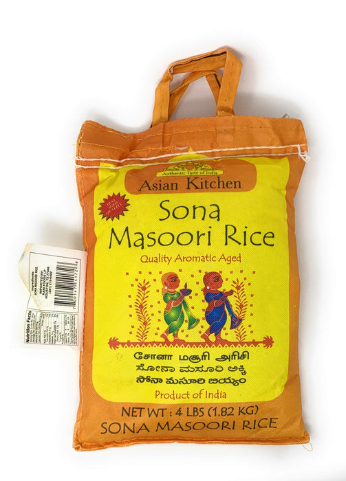 Asian Kitchen White Sona Masoori Aged Rice 4lbs (1.81kg) Short Grain Rice ~ All Natural | Gluten Friendly | Vegan | Indian Origin | Export Quality