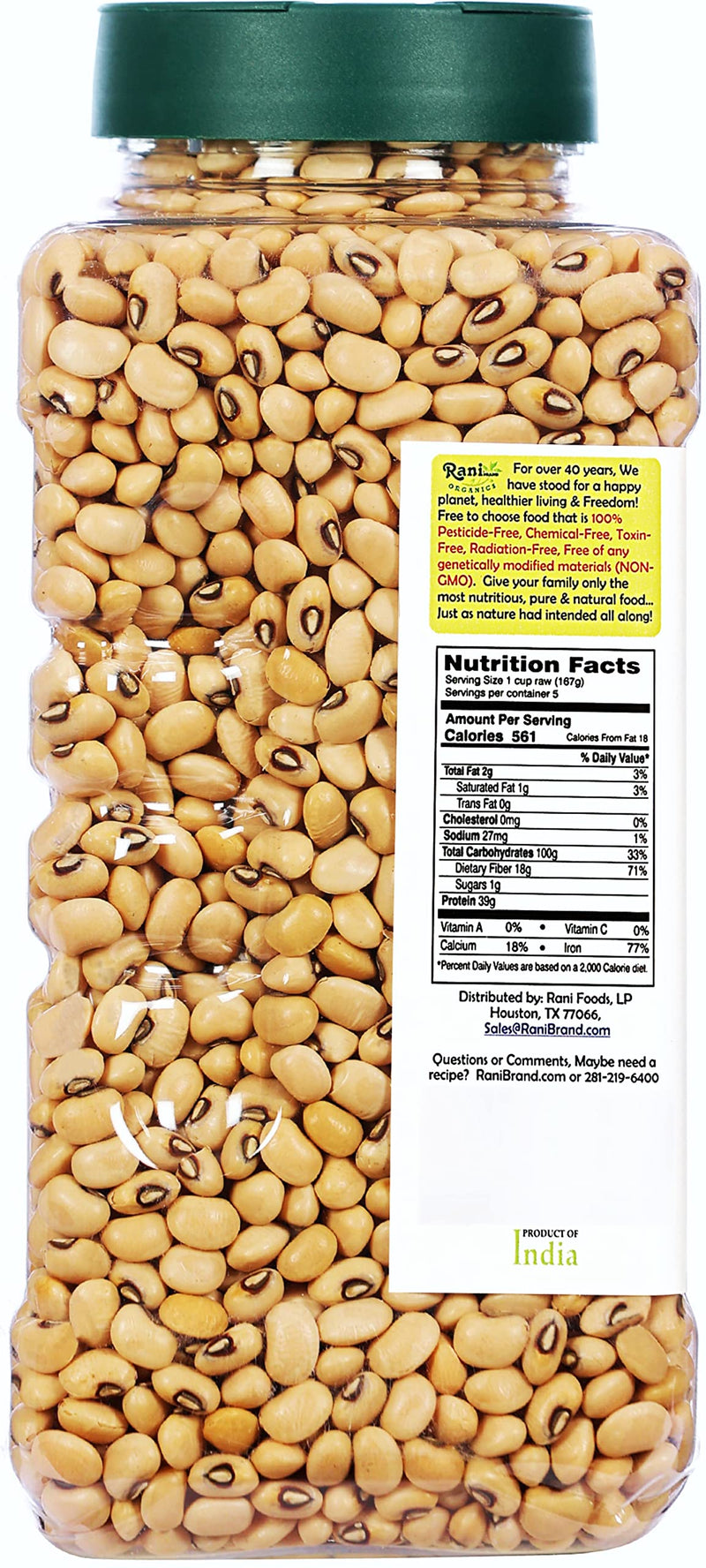 Rani Organic Black Eyed Peas (Dried Lobia) 32oz (2lbs) 908g PET Jar ~ All Natural | Vegan | Gluten Friendly | USDA Certified Organic