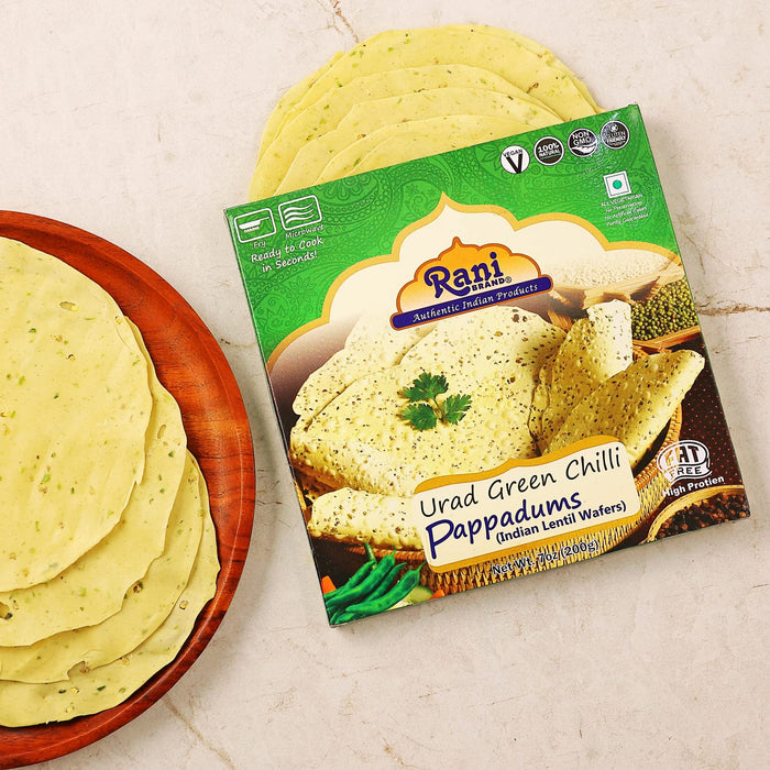Rani Pappadums (Indian Lentil Wafer Snack) Green Chilli Papad 7oz (200g) Approximately 15pc, 7 inches ~ All Natural | Gluten Friendly | NON-GMO | Vegan | Indian Origin