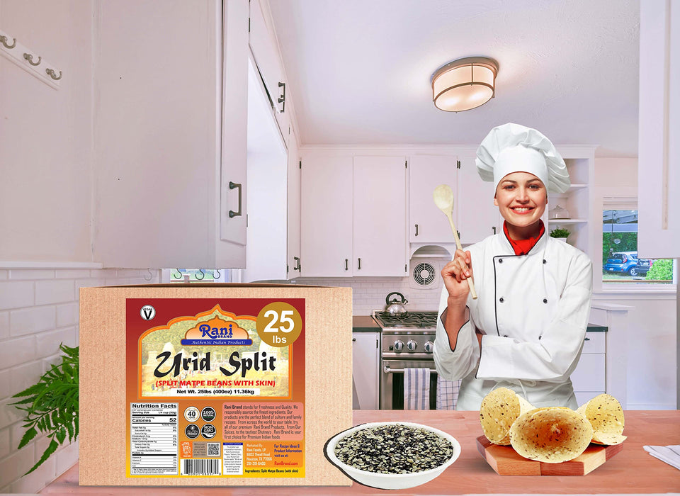 Rani Urid/Urad Split (Split Matpe Beans with Skin) Indian Lentils 400oz (25lbs) 11.36kg Bulk Box ~ All Natural | Gluten Friendly | NON-GMO | Vegan | Indian Origin