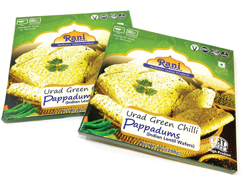 Rani Pappadums (Indian Lentil Wafer Snack) Green Chilli Papad 7oz (200g) Approximately 15pc, 7 inches, Pack of 2 ~ All Natural | Gluten Friendly | NON-GMO | Vegan | Indian Origin