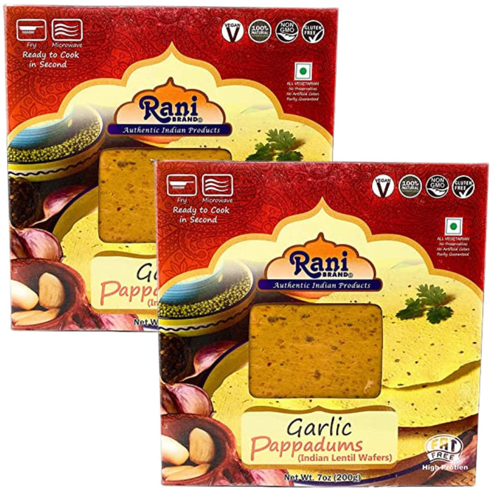 Rani Pappadums (Indian Lentil Wafer Snack) Garlic Papad 7oz (200g) Approximately 15pc, 7 inches, Pack of 2 ~ All Natural | Gluten Friendly | NON-GMO