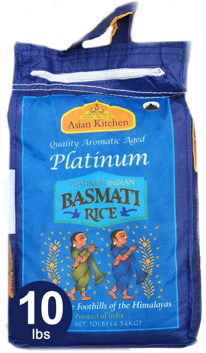 Asian Kitchen Platinum White Basmati Rice Extra Long Aged 10lbs (4.54kg) ~ All Natural | Vegan | Gluten Friendly | Indian Origin