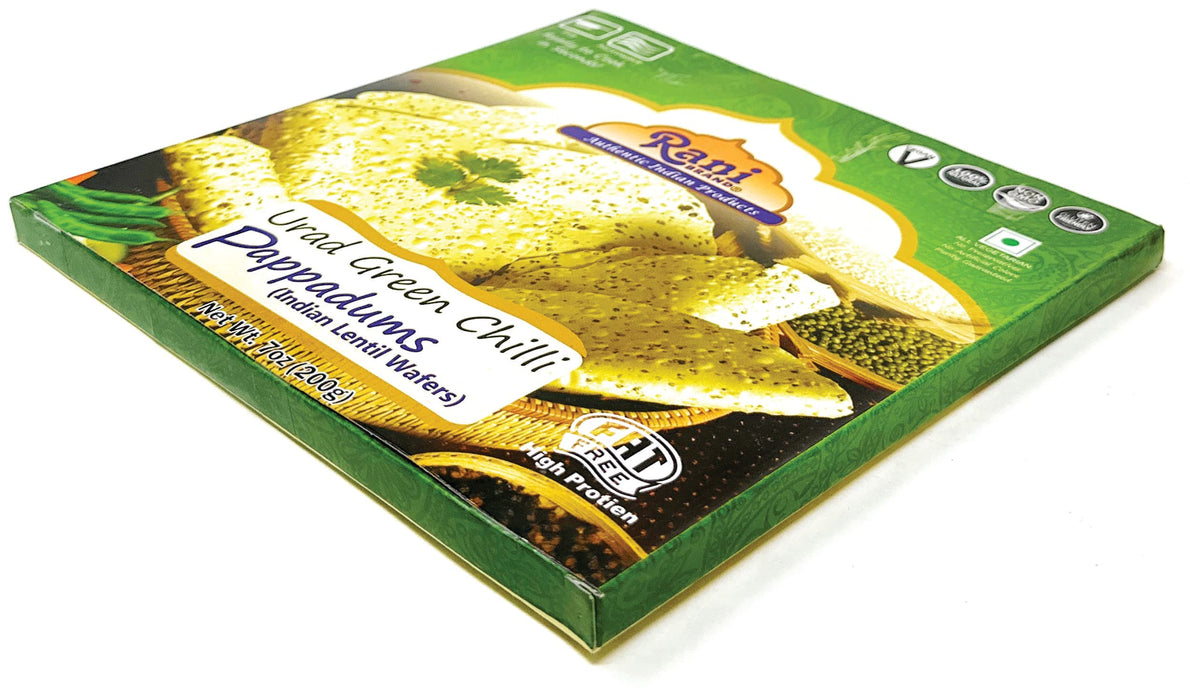 Rani Pappadums (Indian Lentil Wafer Snack) Green Chilli Papad 7oz (200g) Approximately 15pc, 7 inches, Pack of 2 ~ All Natural | Gluten Friendly | NON-GMO | Vegan | Indian Origin