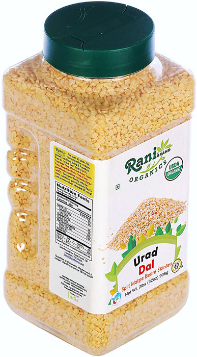 Rani Organic Urid/Urad Dal Chilka (Split Matpe Beans Skinless) Indian Lentils 32oz (2lbs) 908g PET Jar~All Natural | Vegan | Gluten Friendly | NON-GMO