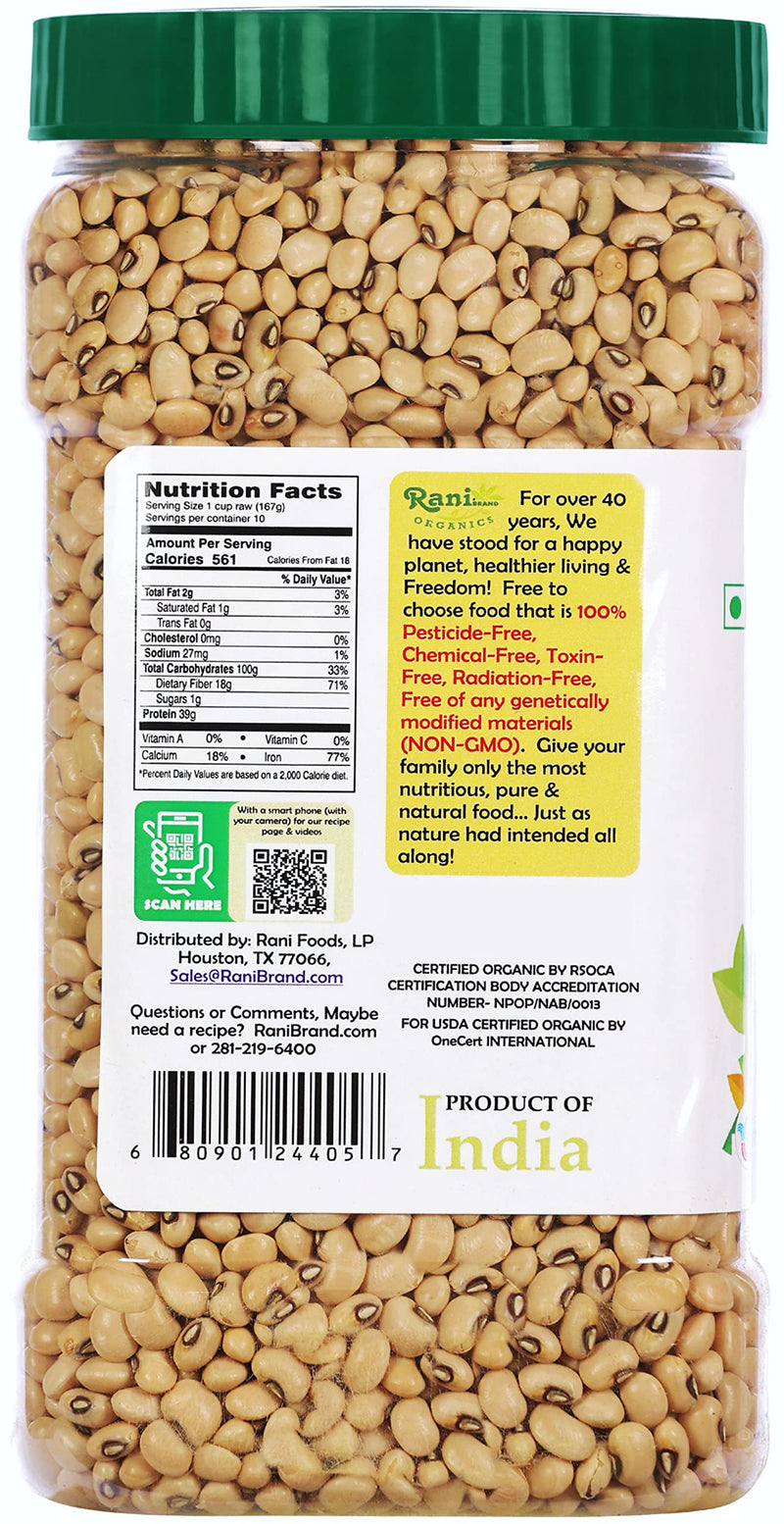 Rani Organic Black Eyed Peas (Dried Lobia) 64oz (4lbs) 1.81kg Bulk PET Jar ~ All Natural | Vegan | Gluten Friendly | NON-GMO| USDA Certified Organic