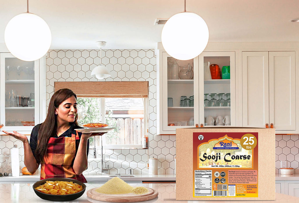 Rani Sooji Coarse (Farina, Suji, Rava, Rawa, Wheat Semolina) Flour 400oz (25lbs) 11.36kg Bulk Box ~ All Natural | Vegan | NON-GMO | Indian Origin