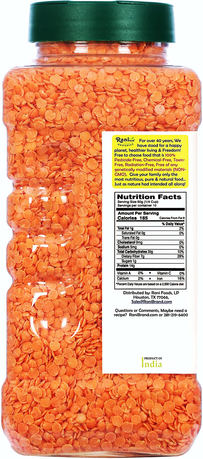 Rani Organic Masoor Dal (Red Split Lentils) 28oz (800g) PET Jar ~ All Natural | Gluten Friendly | NON-GMO | Indian Origin | USDA Certified Organic