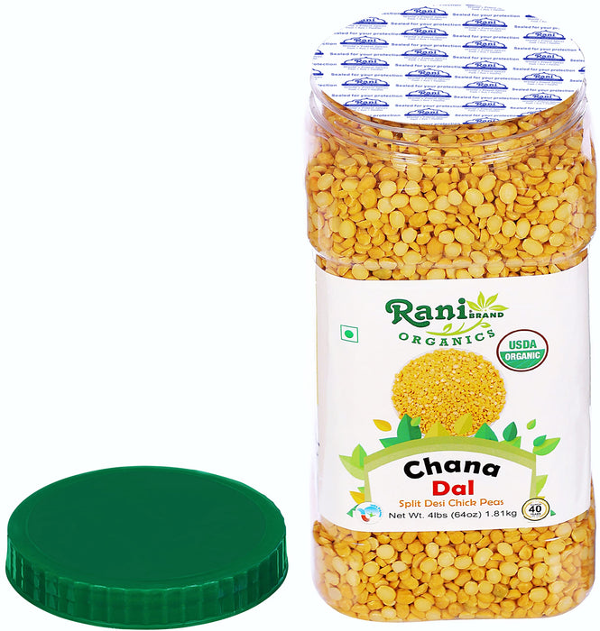 Rani Organic Chana Dal (Split Desi Chickpeas without skin) 64oz (4lbs) 1.81kg Bulk PET Jar ~ All Natural | Vegan | Gluten Friendly | NON-GMO