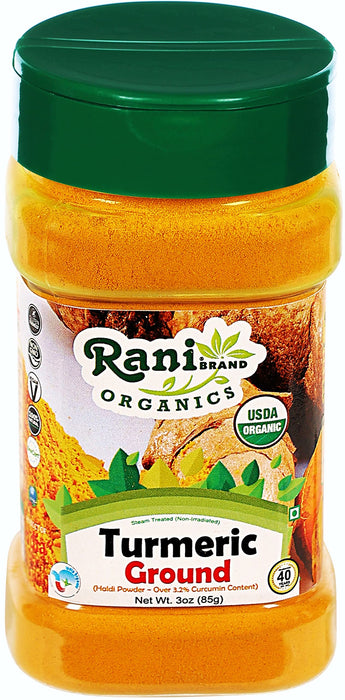 Rani Organic Turmeric (Haldi) Root Powder Spice, (High Curcumin Content) 3oz (85g) PET Jar ~ All Natural | Indian Origin | USDA Certified Organic