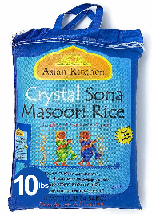 Asian Kitchen Crystal Sona Masoori Aged Rice 10lbs (4.54kg) Short Grain Rice ~ All Natural | Gluten Friendly | Vegan | Indian Origin | Export Quality
