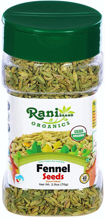 Rani Organic Fennel Seeds (Saunf Sabut) Whole Spice 2.5oz (70g) PET Jar ~ All Natural | Gluten Friendly | Indian Origin | USDA Certified Organic