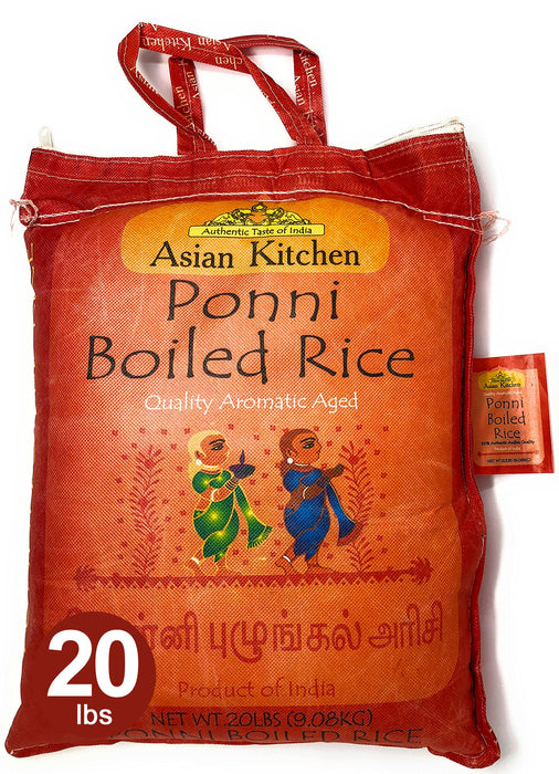 Asian Kitchen Ponni Boiled Rice 20-Pound Bag, 20lbs (9.08kg) Short Grain Par Boiled Rice ~ Natural | Gluten Friendly | Vegan