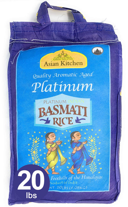 Asian Kitchen Platinum White Basmati Rice Extra Long Aged 20lbs (9.08kg) ~ All Natural | Gluten Friendly | Vegan | Indian Origin | Export Quality