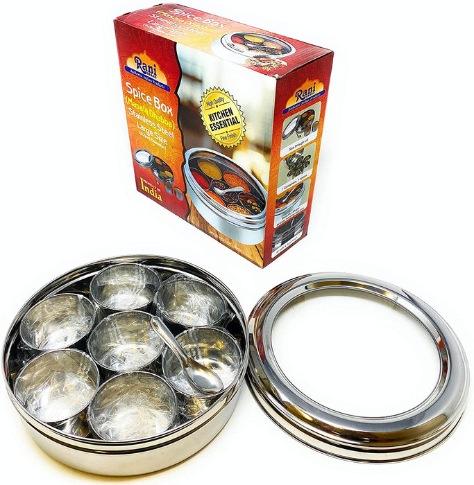 Rani Spice Box Stainless Steel Transparent Round Storage For Spices (Masala Dabba) 7 Compartments, with spoon (9.2in x 3in) ~ Packed in an attractive box, perfect for gifts!